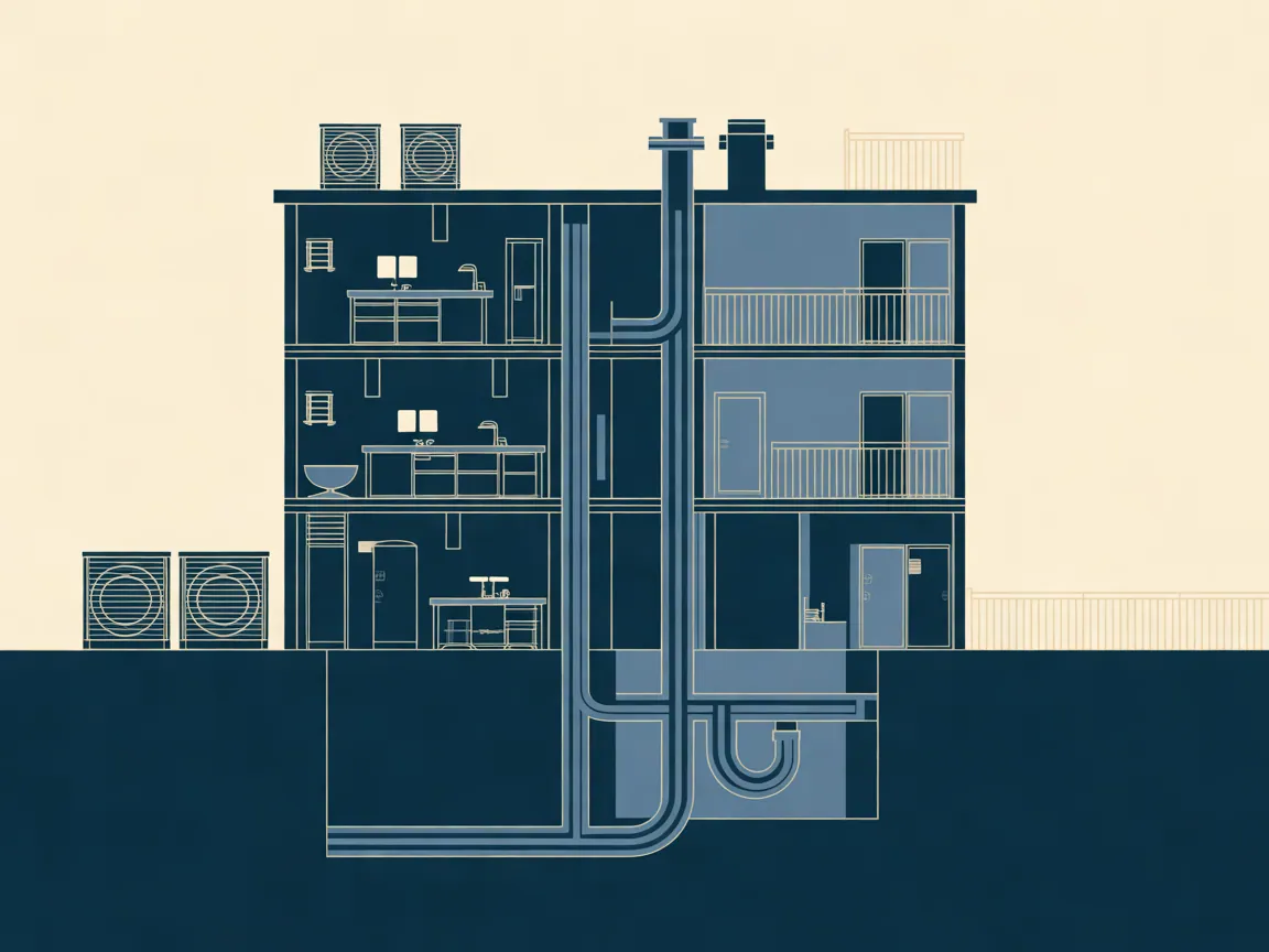 Illustration of a cutaway of a three-story garden-style apartment building with stacked kitchens and bathrooms sharing one vertical drain stack and water riser, a shutoff on each floor and condensing units on the roof
