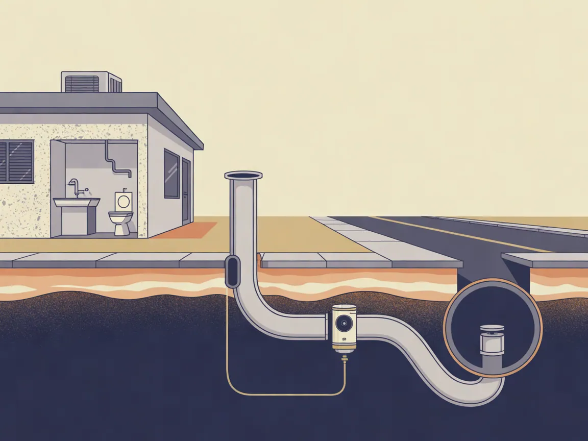 Illustration of a cutaway of a commercial building and the ground beneath it: branch drains joining a building drain under the slab, an outside two-way cleanout, and a sewer lateral sloping to the public main with an inspection camera inside