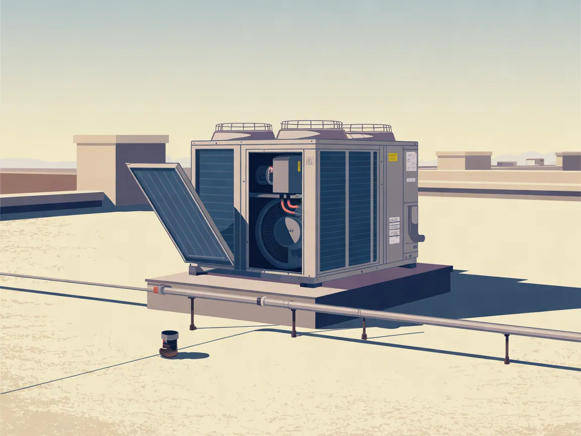 Illustration of a packaged rooftop air conditioning unit on a flat commercial roof with a service panel open to show the blower and filter rack, an economizer hood, a roof curb and a condensate line running to a roof drain