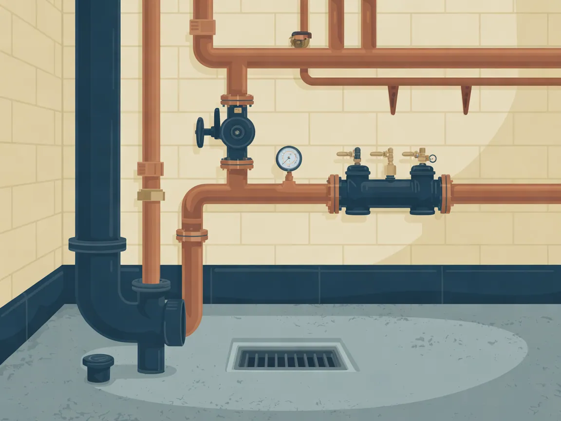 Illustration of a commercial mechanical room: a copper water main entering through the wall with a ball valve, a pressure gauge, a wall-mounted backflow preventer assembly and a cast iron drain stack with a cleanout