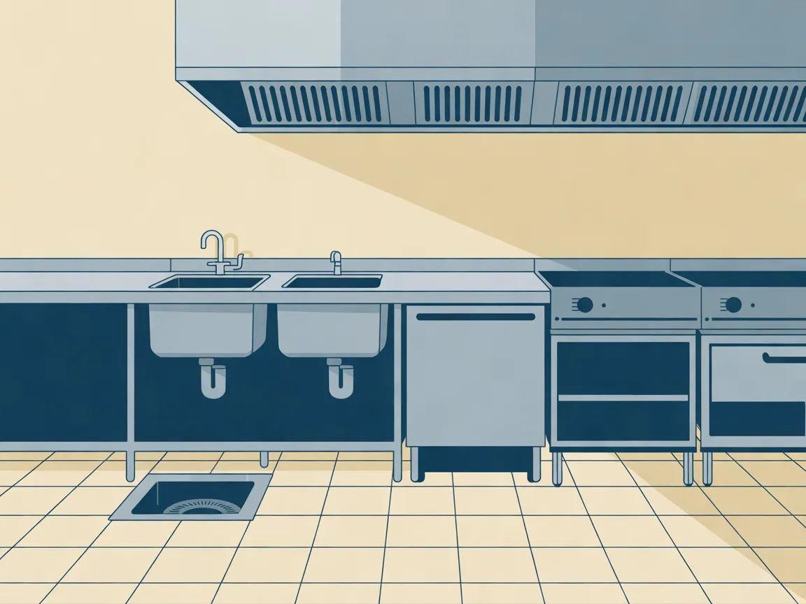 Illustration of an empty commercial restaurant kitchen after closing: a three-compartment sink, a hand sink, a door-type dishwasher, floor sinks in a quarry tile floor and a grease interceptor access cover near the back door