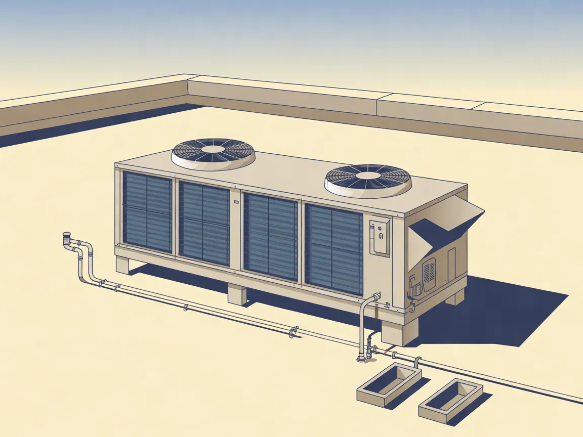 Illustration of one packaged rooftop air conditioning unit on a flat commercial roof: condenser fans on top, coil panels along the side, an economizer hood on the end and piping running across the roof on low supports