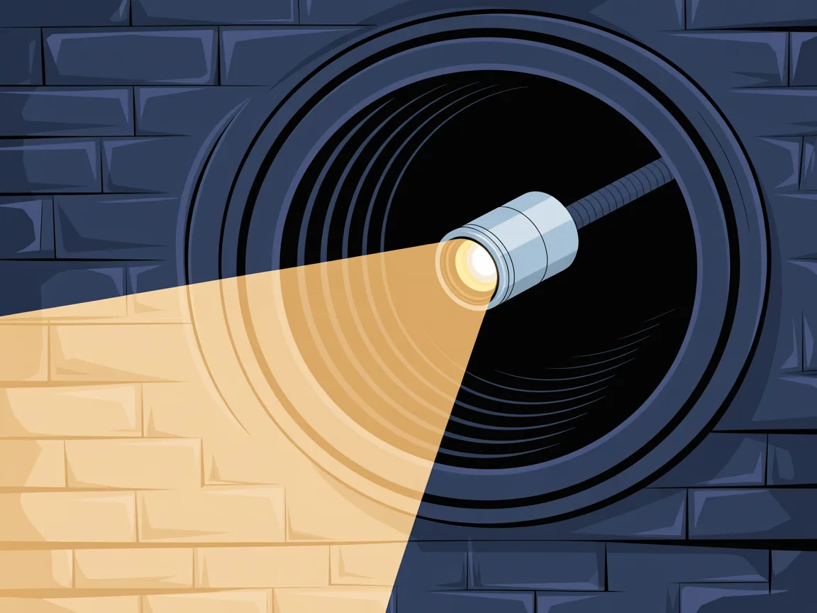 A sewer camera head on a push cable inside a pipe, its light falling on the pipe wall ahead while the rest of the bore stays dark
