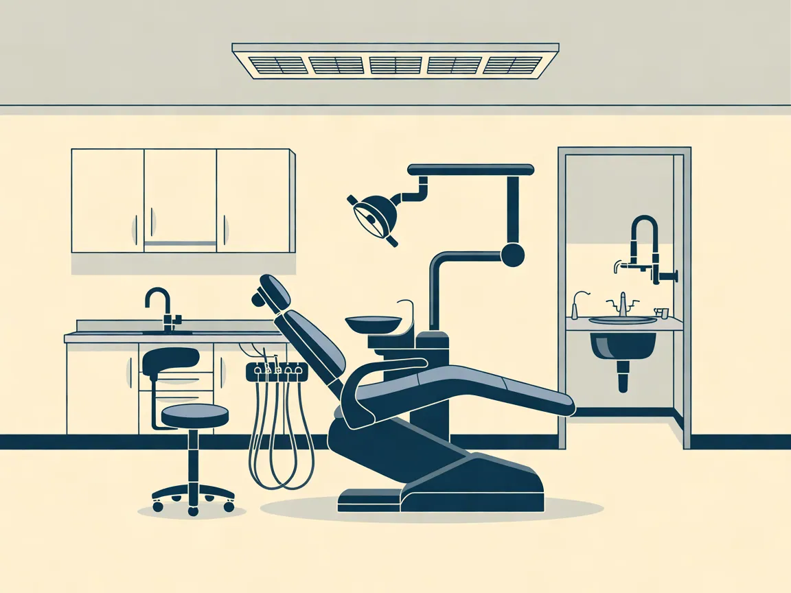 Illustration of an empty modern dental treatment room with a reclined chair, an overhead light, cabinetry with an integrated hand sink and a doorway to a sterilization alcove