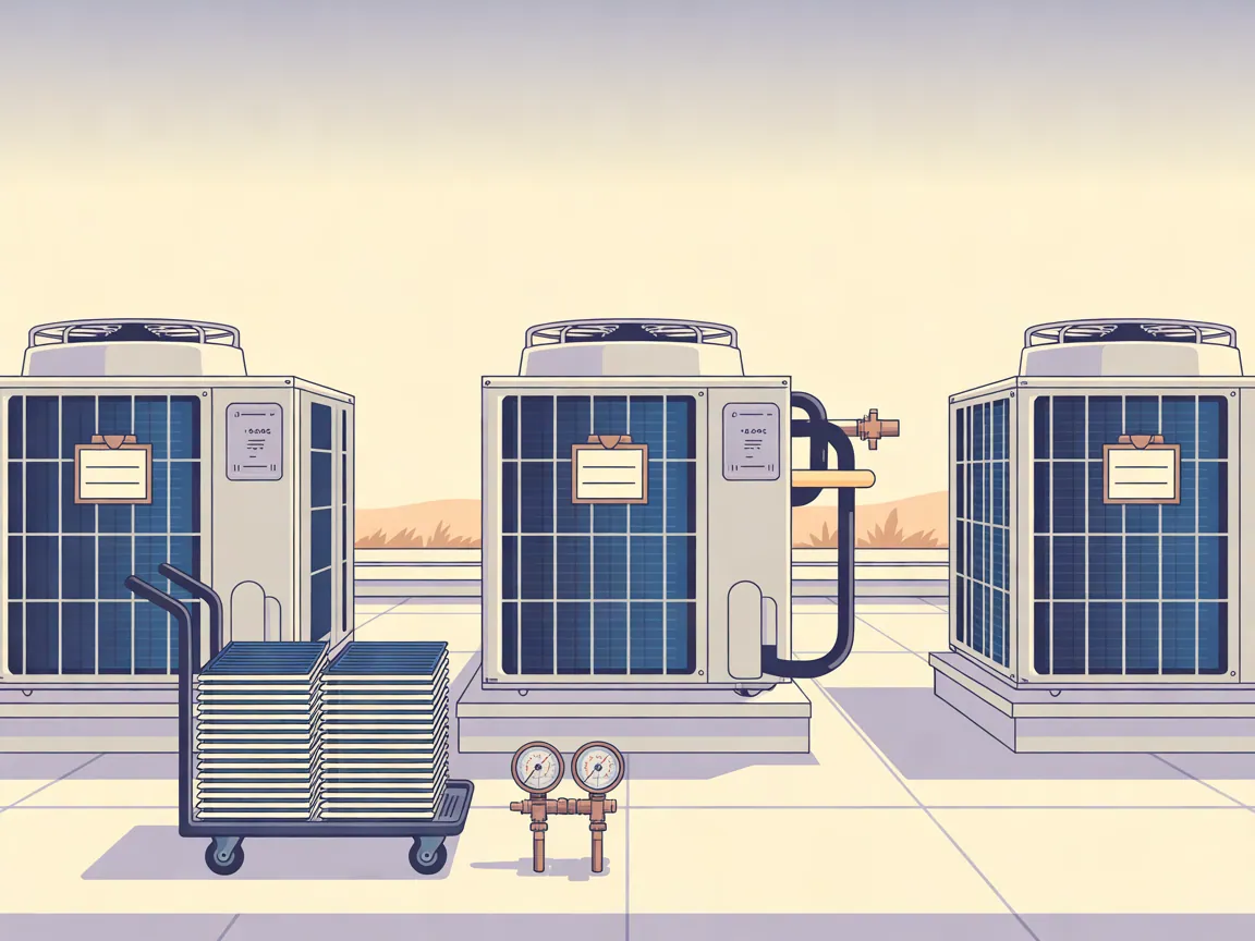 Illustration of a commercial roof with three packaged rooftop units in a row, each with a blank equipment tag, a cart stacked with fresh pleated filters and a refrigerant gauge set hanging on a unit