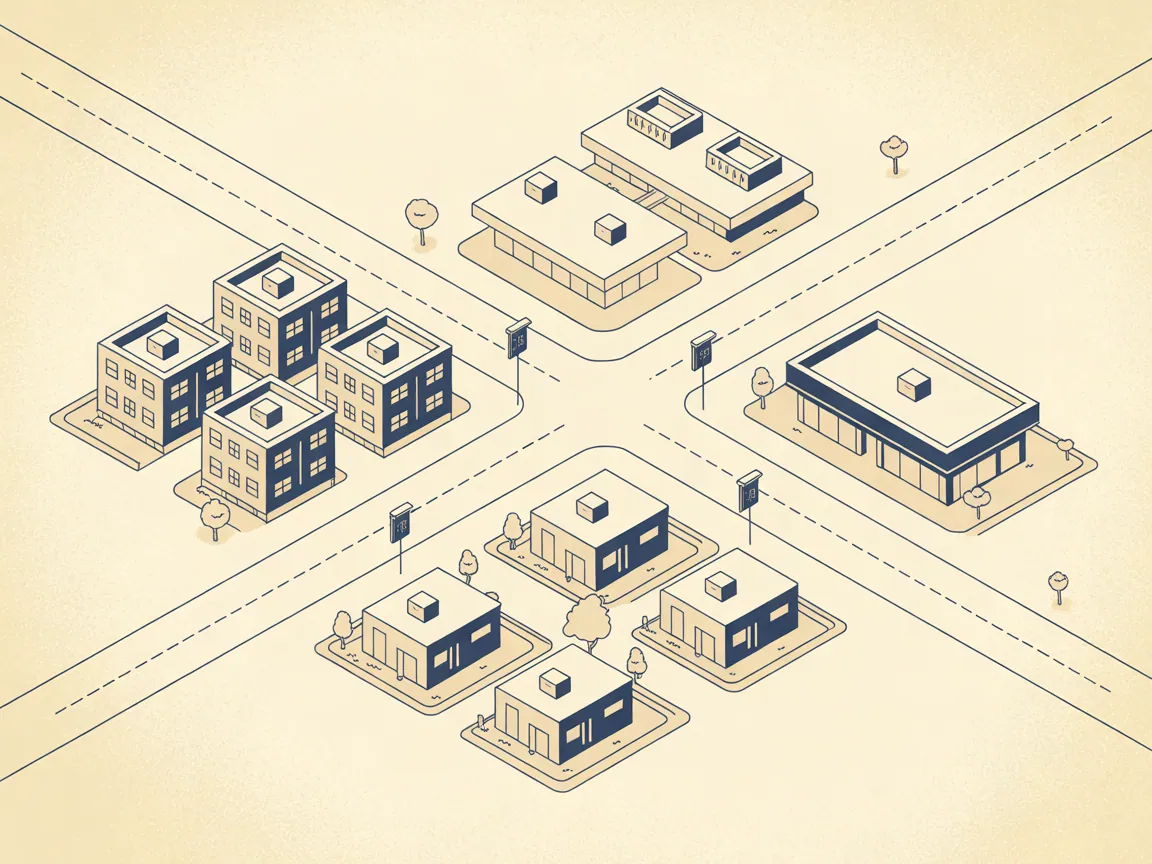 Illustration of an isometric map of a small property portfolio: an apartment complex, a retail strip, an office building and a row of rental homes linked by dotted route lines across a simplified street grid