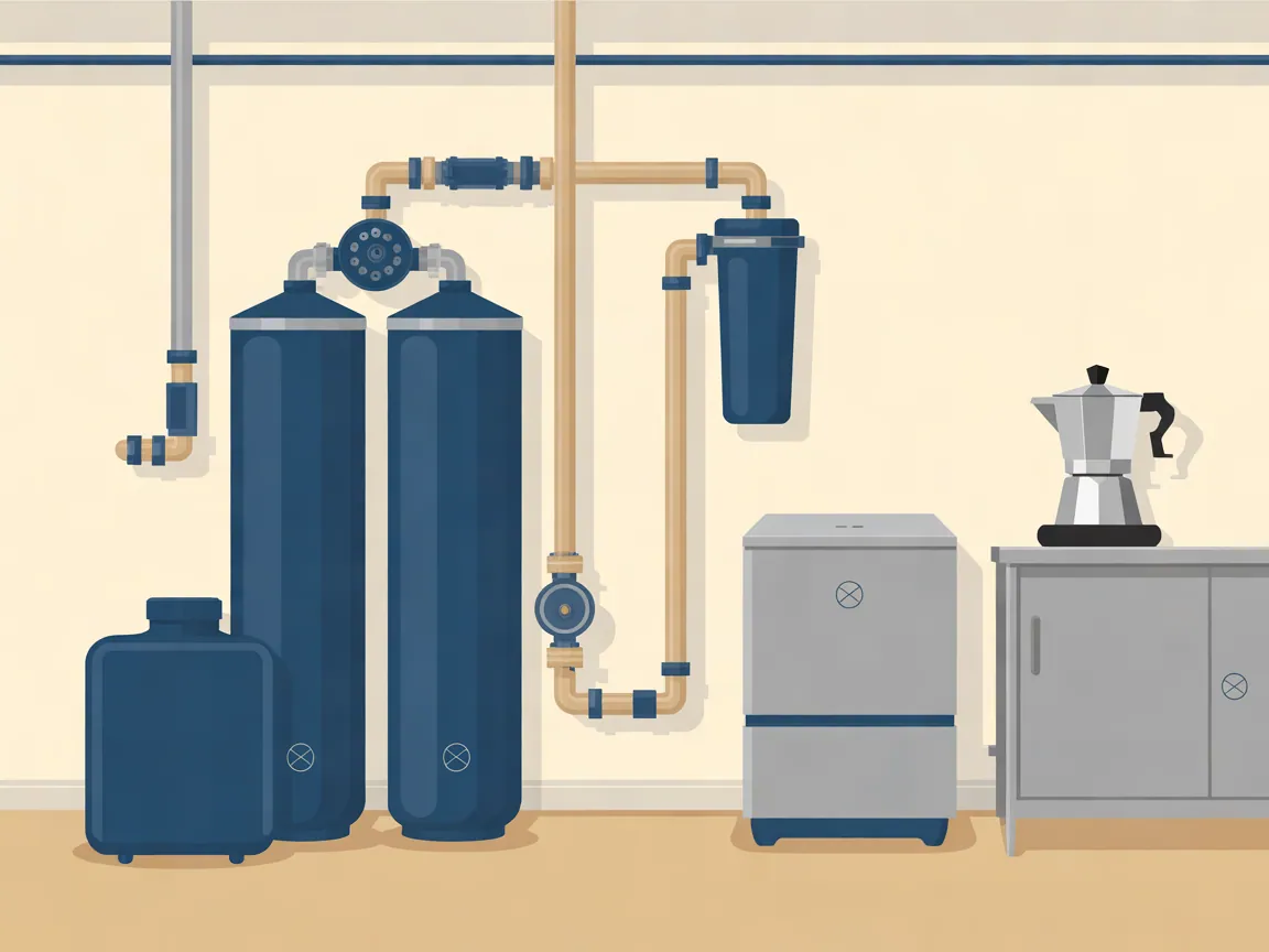 Illustration of commercial water treatment in a utility area: a twin-tank water softener with a brine tank and bypass valve, and a cartridge filter housing feeding an ice machine and a coffee brewer on a stainless counter